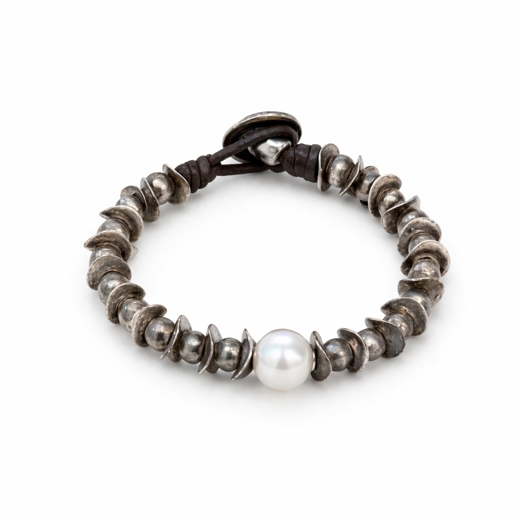 Unode50 Silver Plated Brown Leather Pearl Bracelet - Handcrafted In Spain 89$